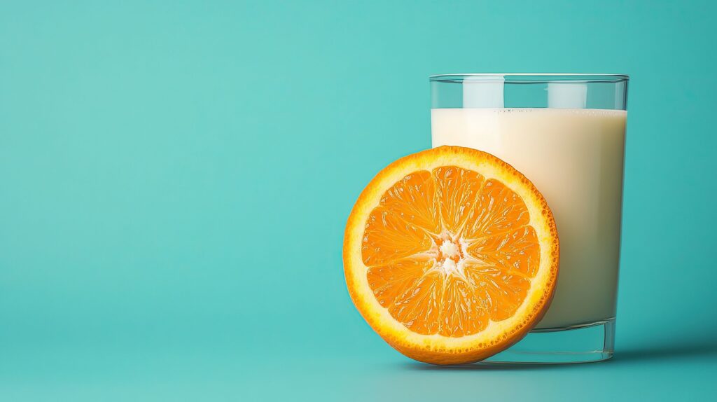 Glass of milk and slice of orange with teal background